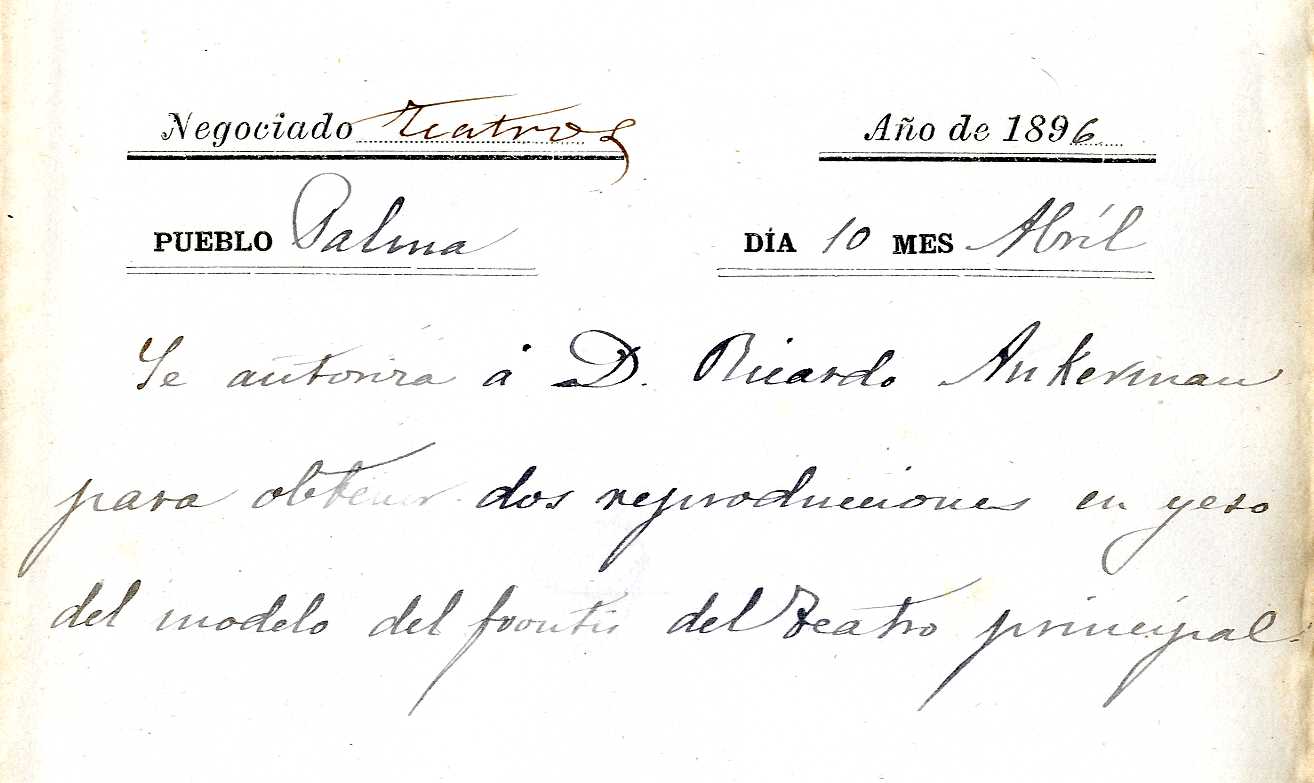 X-386/29 Autorització de la Diputació a Ricard Anckermann per obtenir dues reproduccions en guix del model del frontó del Teatre Principal (1896)